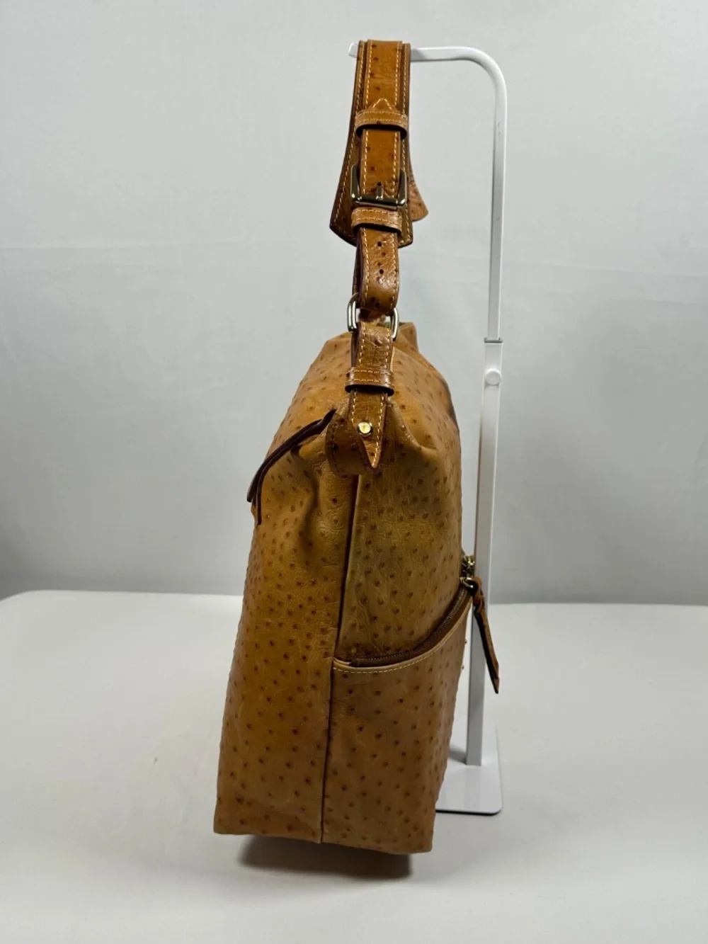 Dooney and Bourke Tan Ostrich Embossed Leather Double Front Zipper Compartments